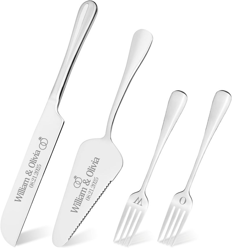 HJX Personalized 4 Piece Cake Cutting Set for Wedding - Custom Cake Knife and Server Set with Forks, Cake Cutter Set Ideal for Wedding Anniversary Bridal Gifts (Silver) - Image 1